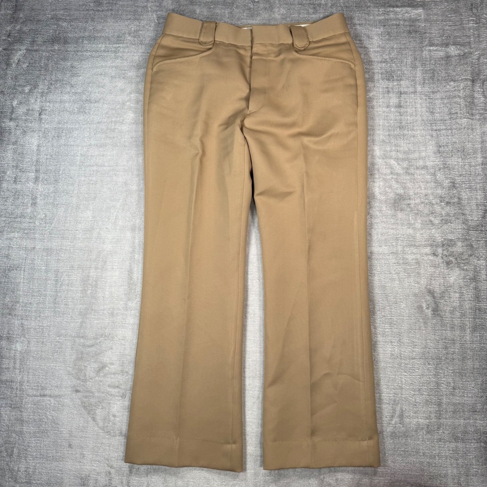 Sears Pants Mens 36 Tan Vintage 70s Wide Leg Double Knit Trousers Slacks